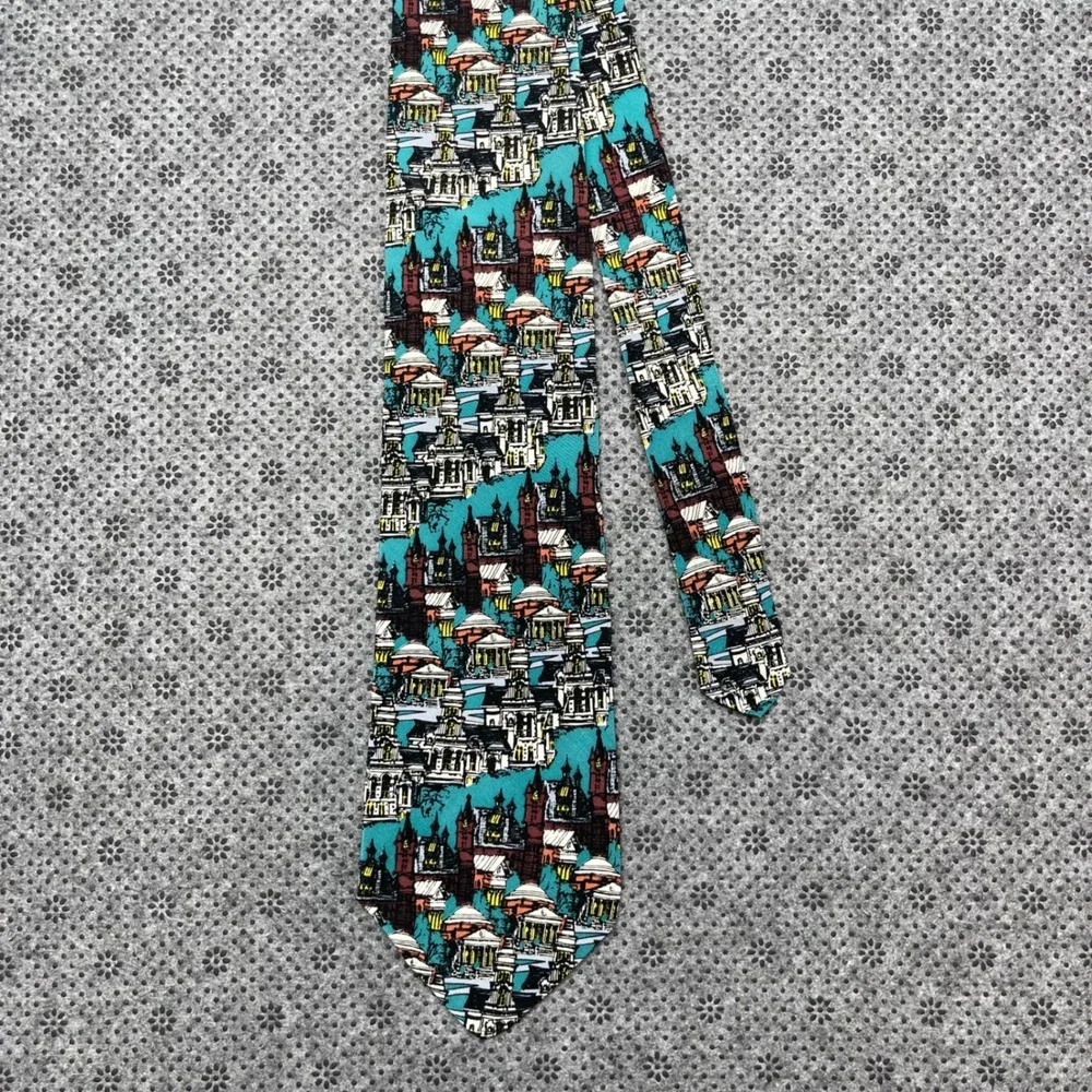 Vintage 1995 Syracuse University Silk Tie Architecture Crouse College Print Teal